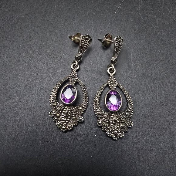 Sterling Silver Amethyst Macasite Earrings Dangle Drop Vintage - Picture 6 of 8
